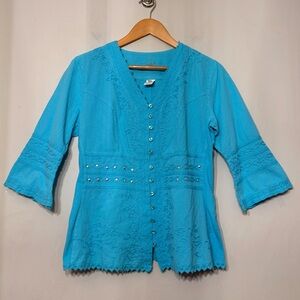 Inca Cotton Shirt Made in Peru Crochet Boho Festival Artsy Flare Sleeve Sz Large